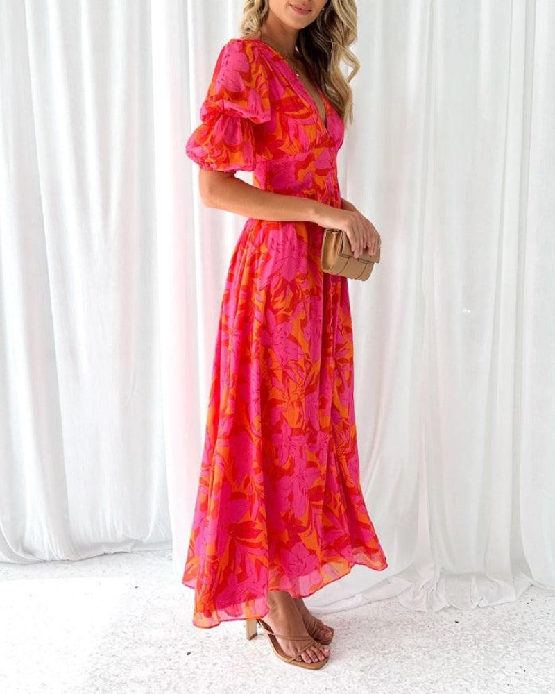 Bella | Elegant V-Neck Dress With Puff Sleeves