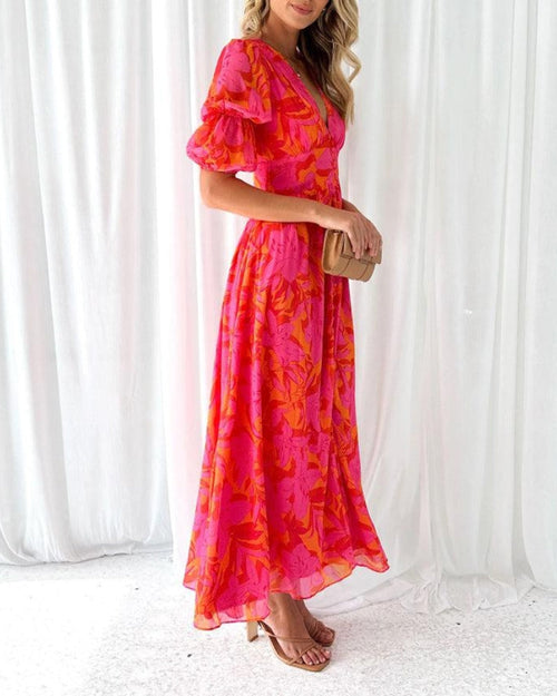 Bella | Elegant V-Neck Dress With Puff Sleeves