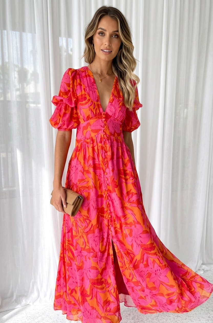 Bella | Elegant V-Neck Dress With Puff Sleeves